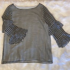 Calvin Klein Bell-Sleeve Gingham Gray Top
